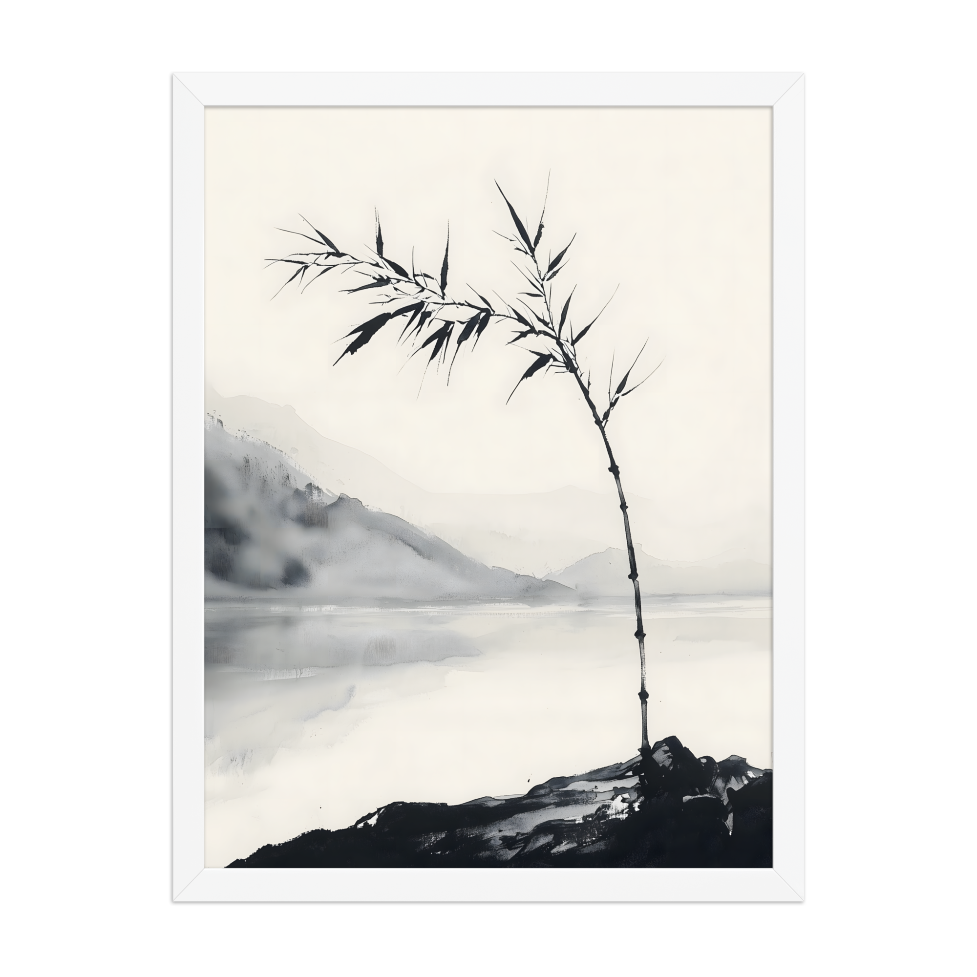 Bamboo in Wind — Japandi zen ink framed print, minimalist Japanese wall art