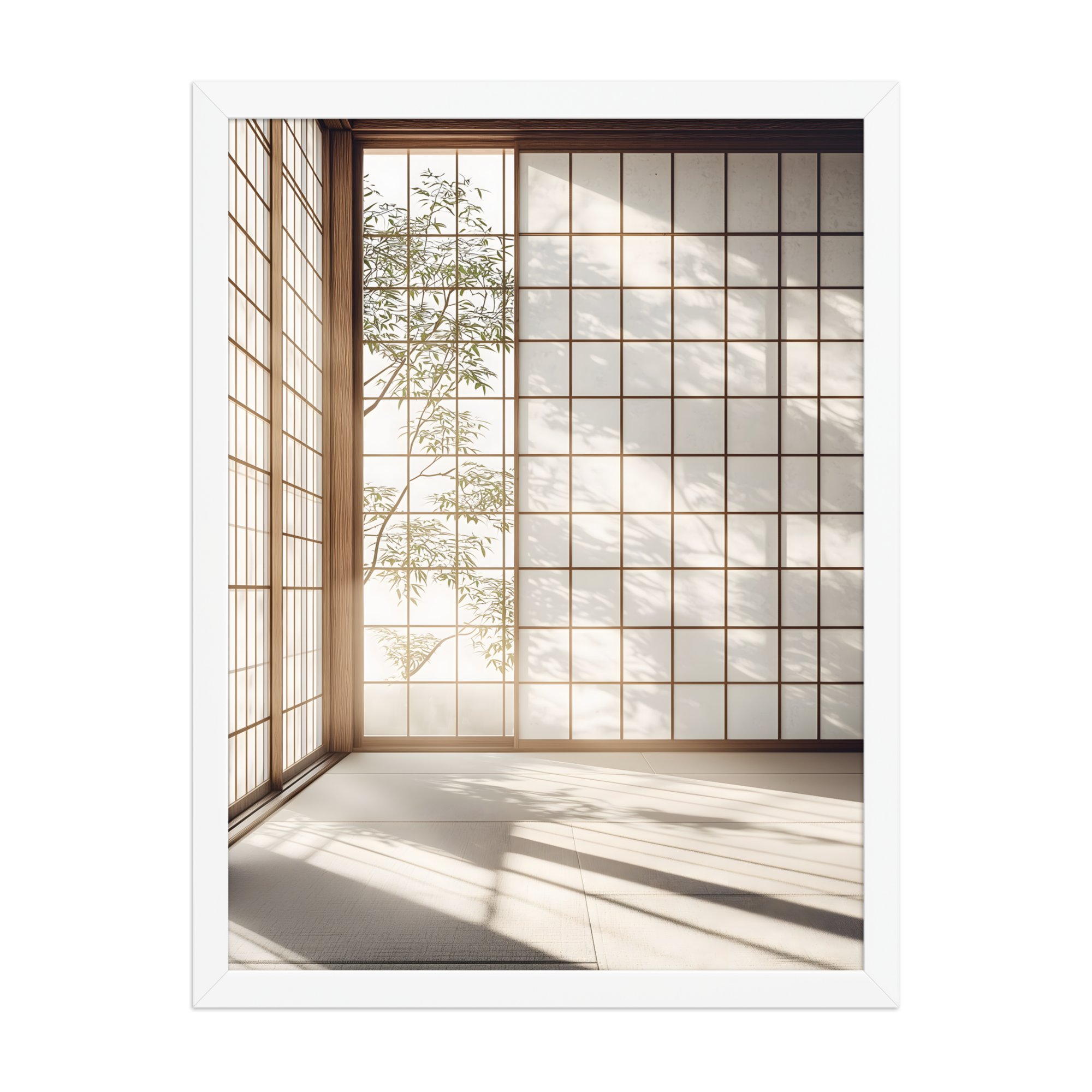 Shoji Light — Japandi komorebi framed print, minimalist Japanese wall art