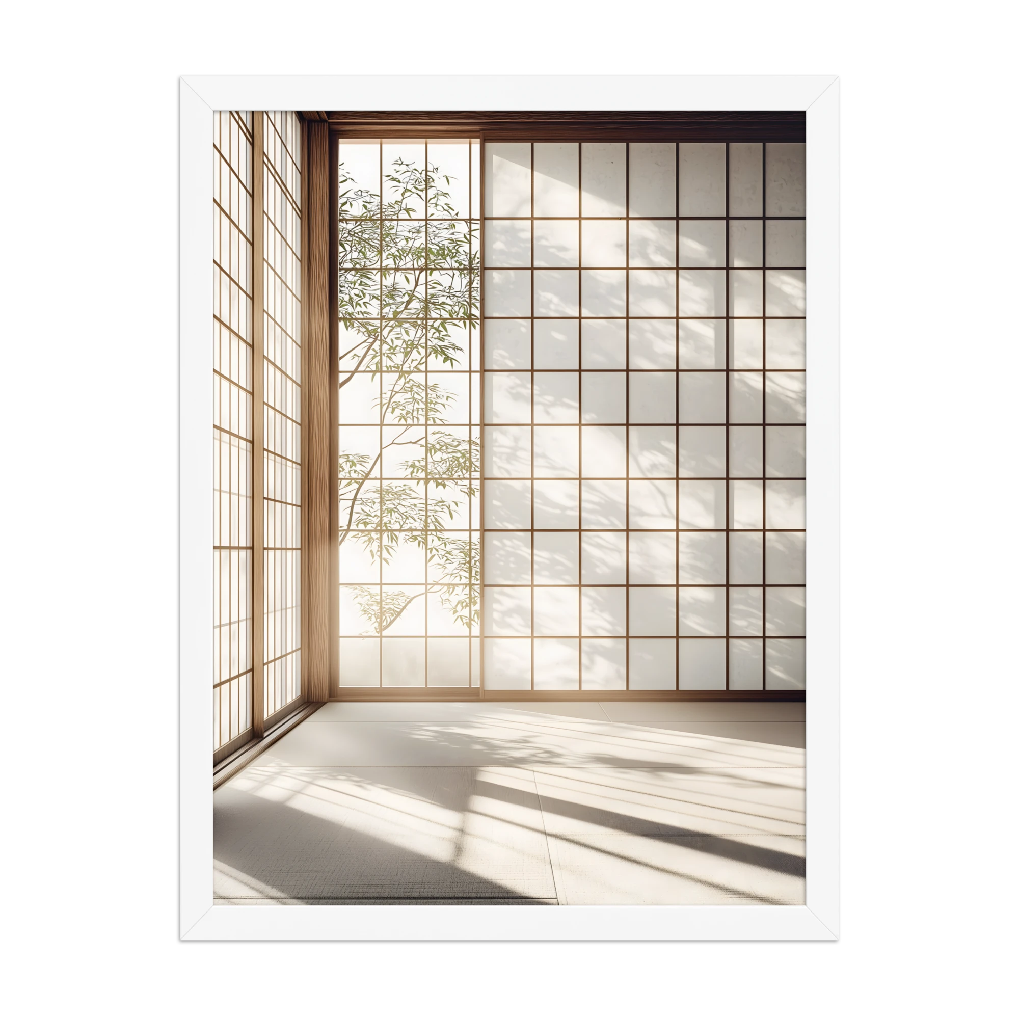 Shoji Light — Japandi komorebi framed print, minimalist Japanese wall art