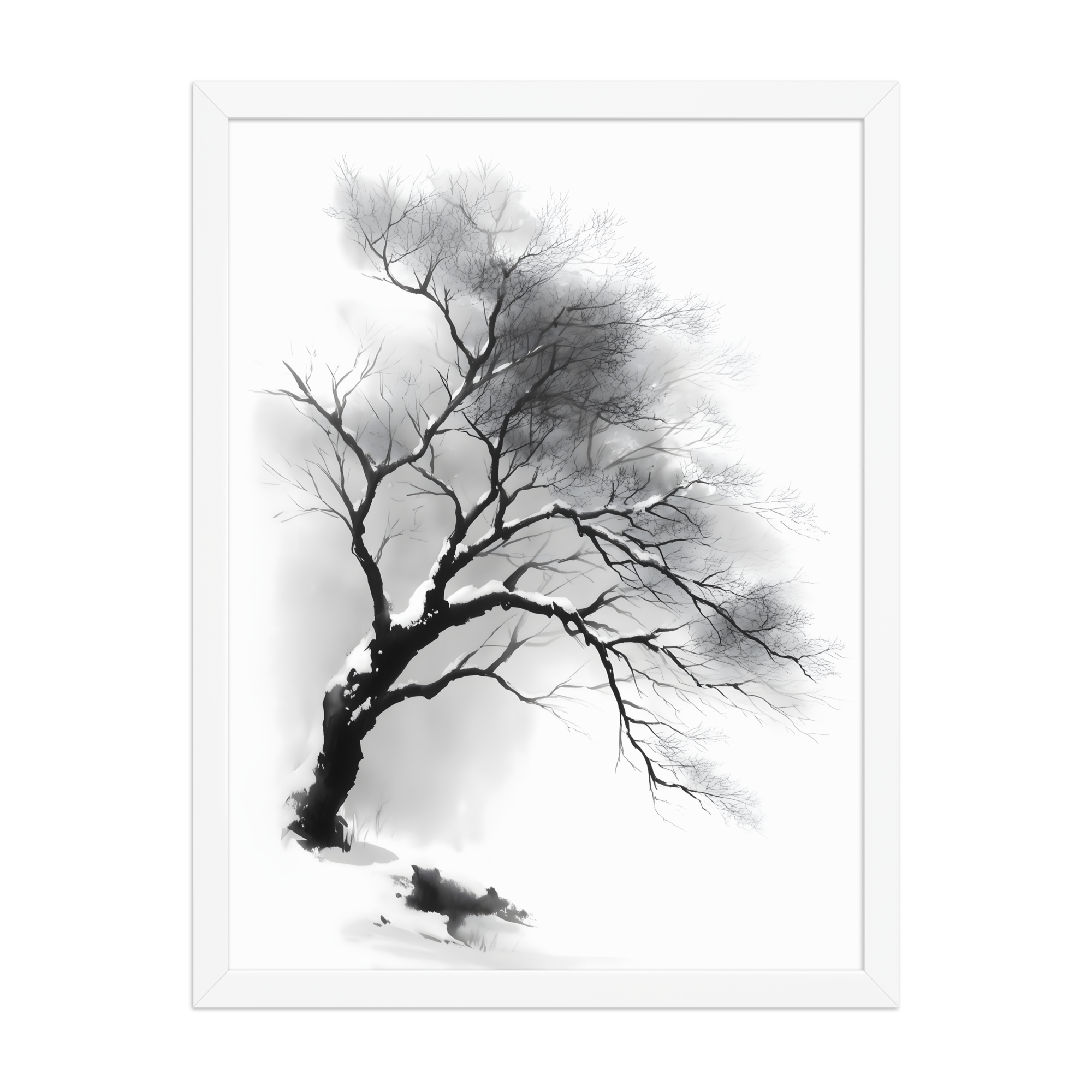 Winter Branch — Japandi zen ink framed print, minimalist Japanese wall art