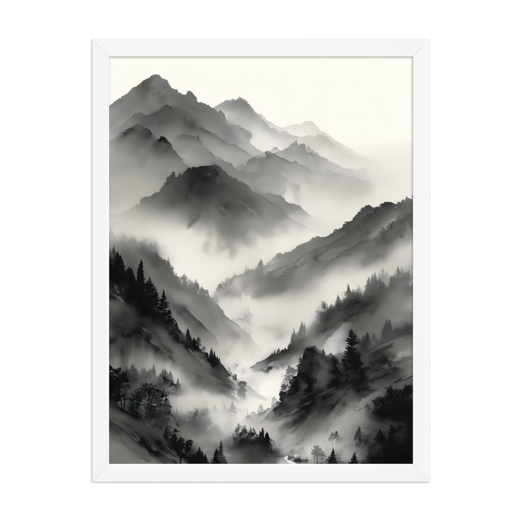Mist Valley — Japandi zen ink framed print, minimalist Japanese wall art