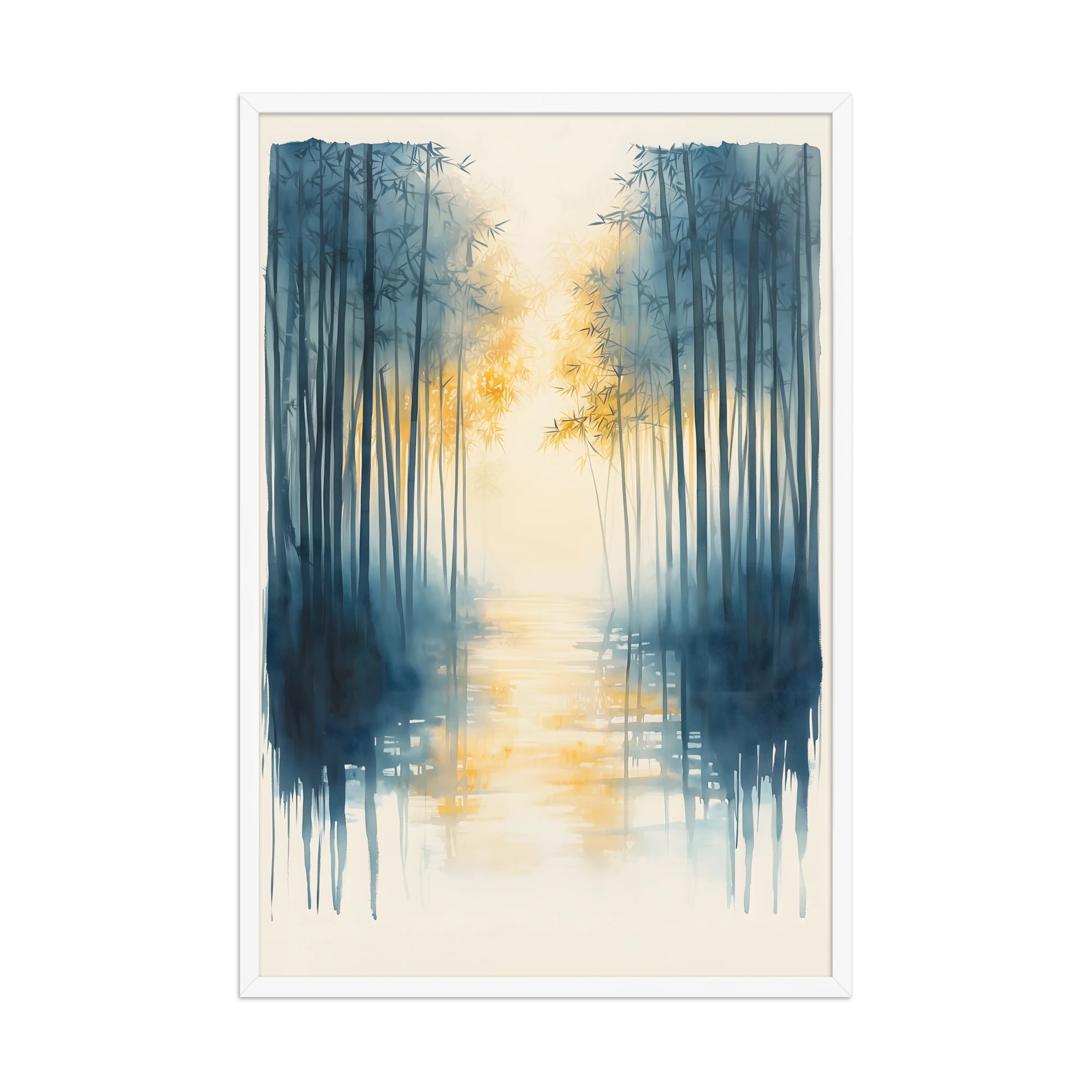 Morning Mist — Japandi komorebi framed print, minimalist Japanese wall art