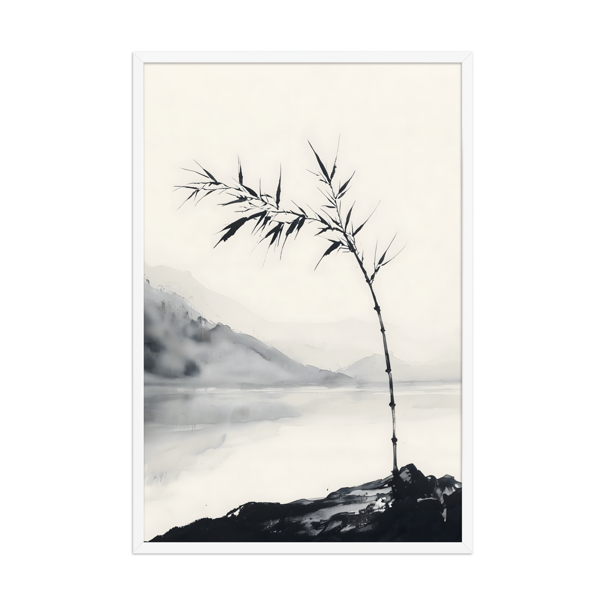 Bamboo in Wind — Japandi zen ink framed print, minimalist Japanese wall art