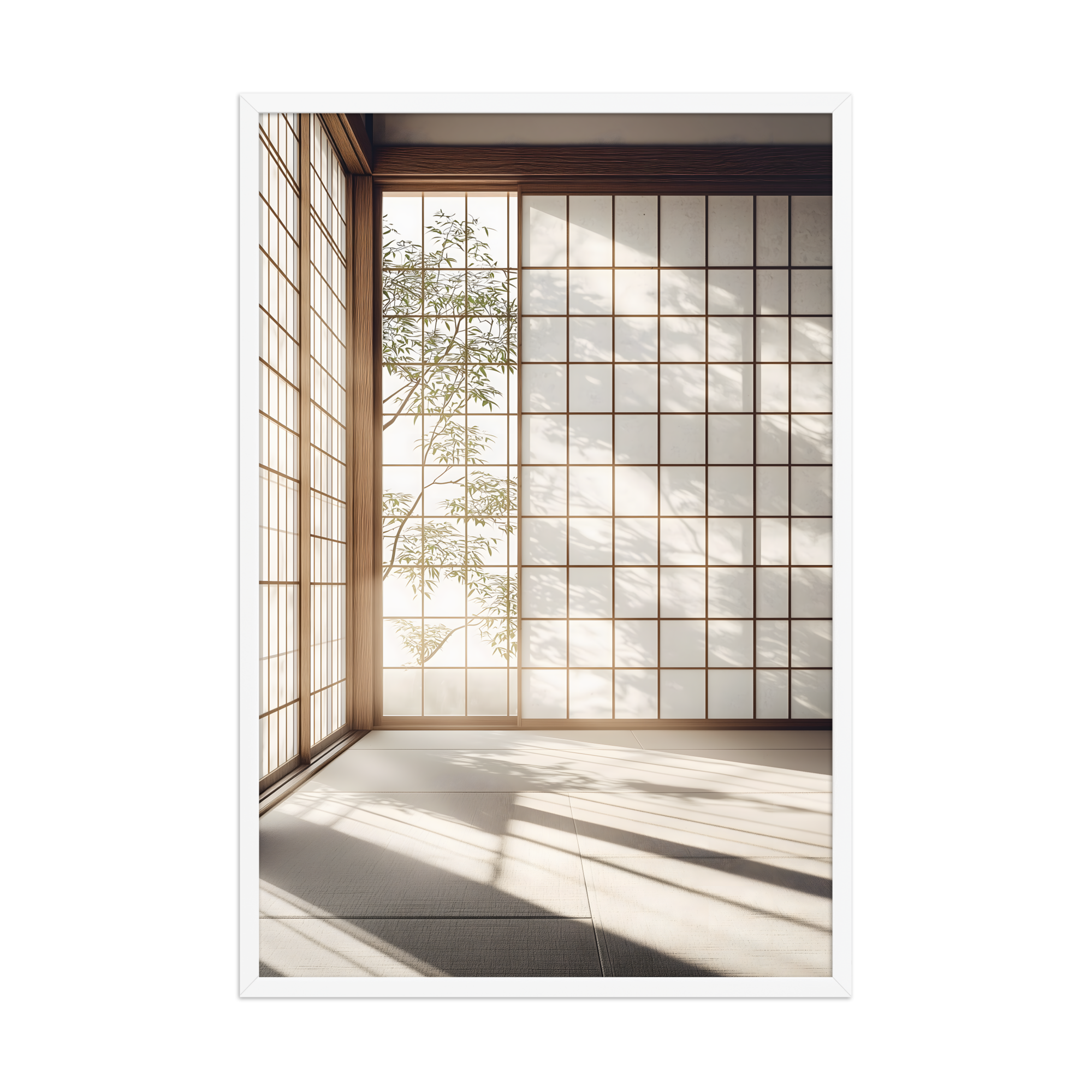 Shoji Light — Japandi komorebi framed print, minimalist Japanese wall art