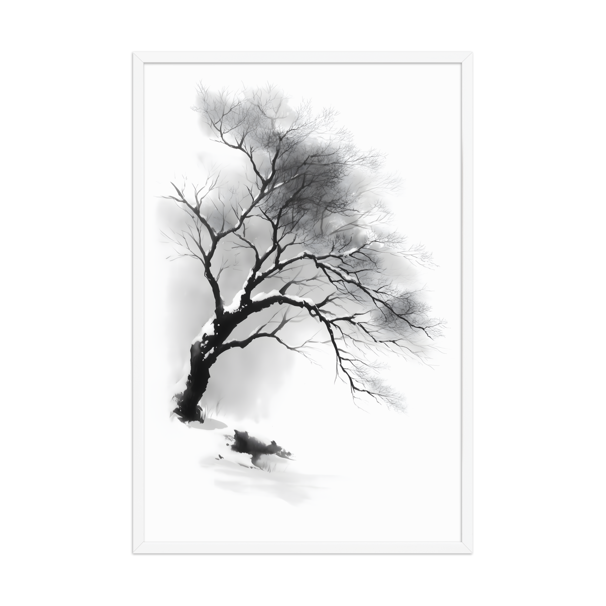 Winter Branch — Japandi zen ink framed print, minimalist Japanese wall art