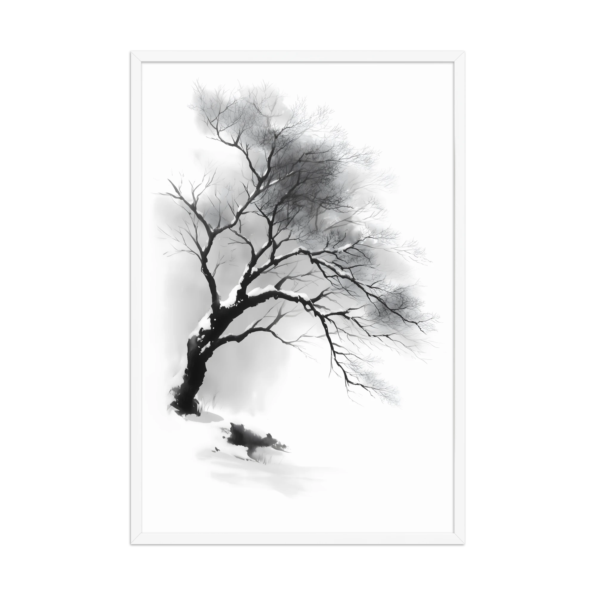 Winter Branch — Japandi zen ink framed print, minimalist Japanese wall art