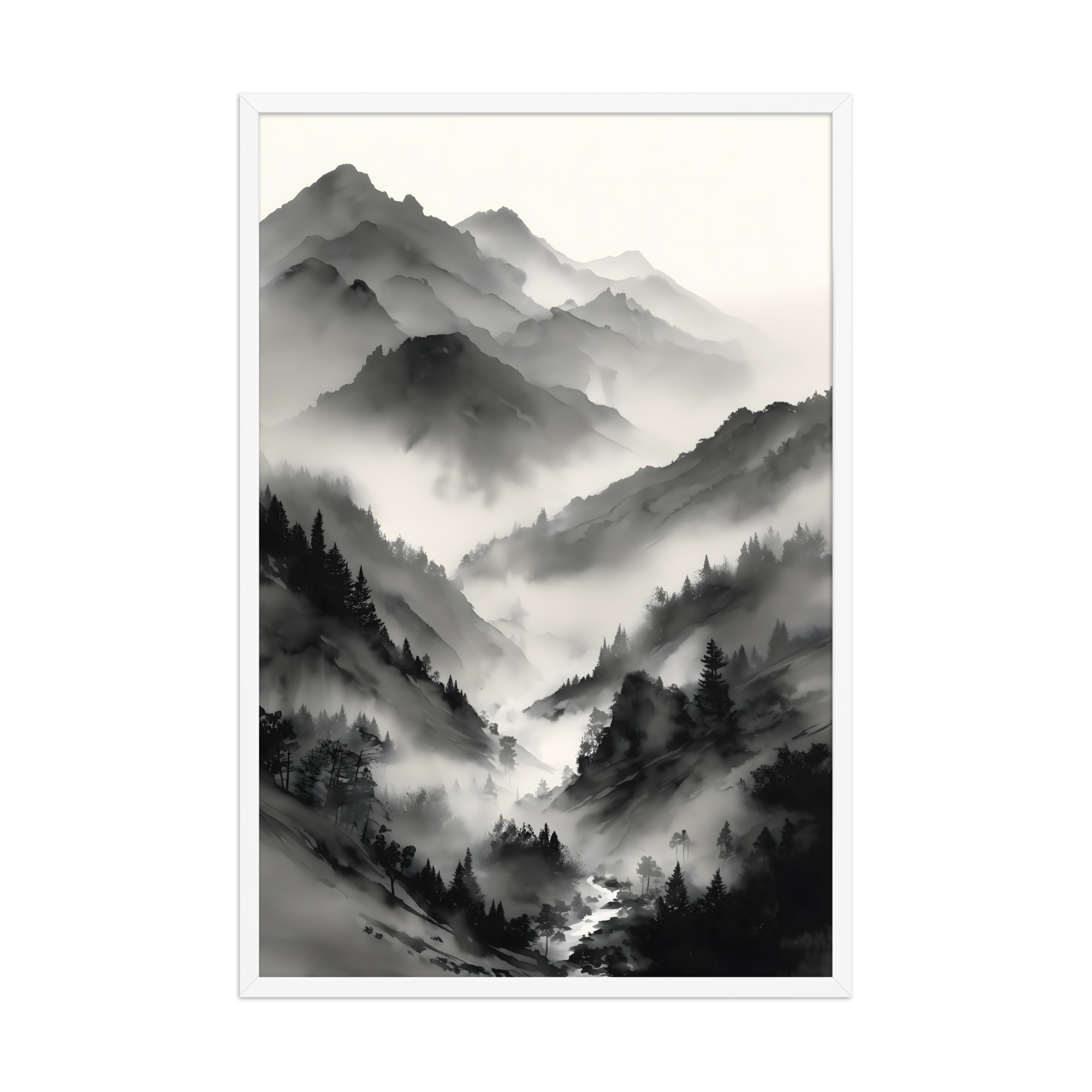 Mist Valley — Japandi zen ink framed print, minimalist Japanese wall art