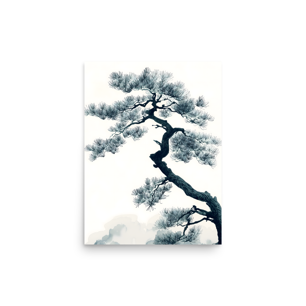 Pine Silhouette — Japandi zen nature poster, minimalist Japanese wall art print