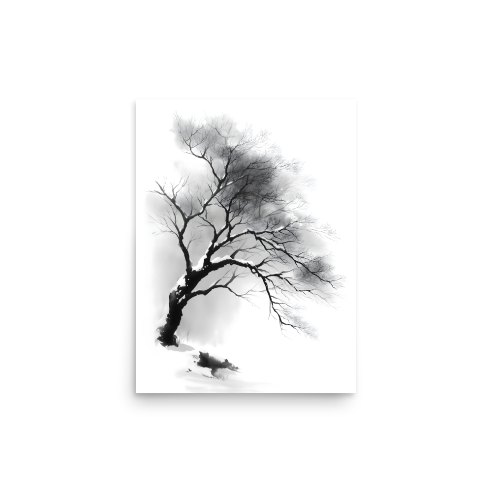 Winter Branch — Japandi zen ink poster, minimalist Japanese wall art print