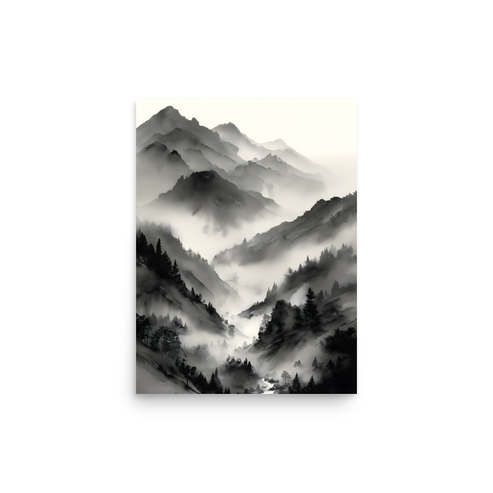 Mist Valley — Japandi zen ink poster, minimalist Japanese wall art print