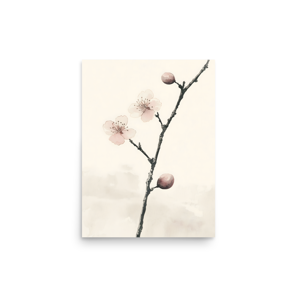 Early Plum — Japandi plum blossom poster, minimalist Japanese wall art print