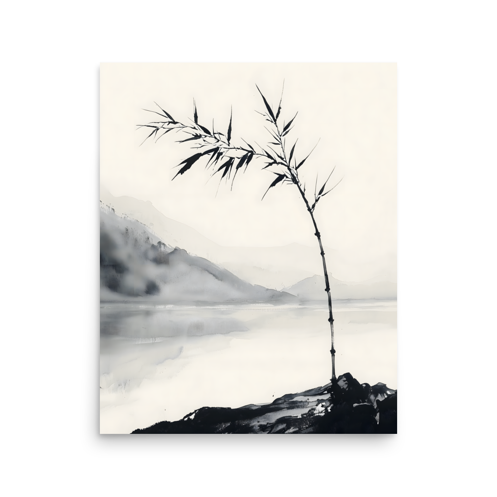 Bamboo in Wind — Japandi zen ink poster, minimalist Japanese wall art print