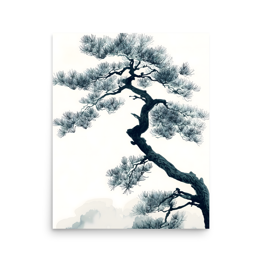 Pine Silhouette — Japandi zen nature poster, minimalist Japanese wall art print