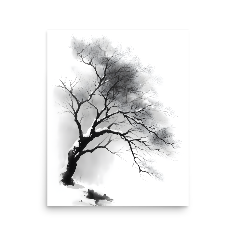 Winter Branch — Japandi zen ink poster, minimalist Japanese wall art print