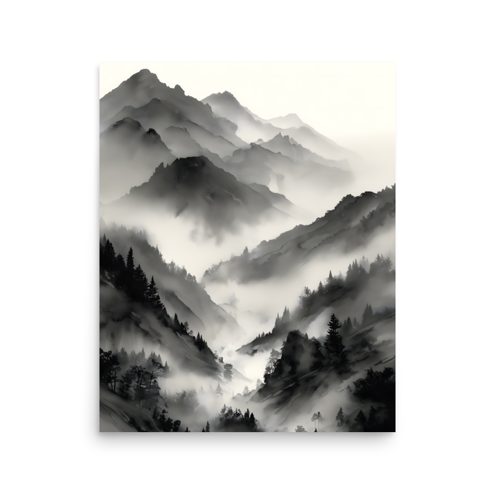 Mist Valley — Japandi zen ink poster, minimalist Japanese wall art print