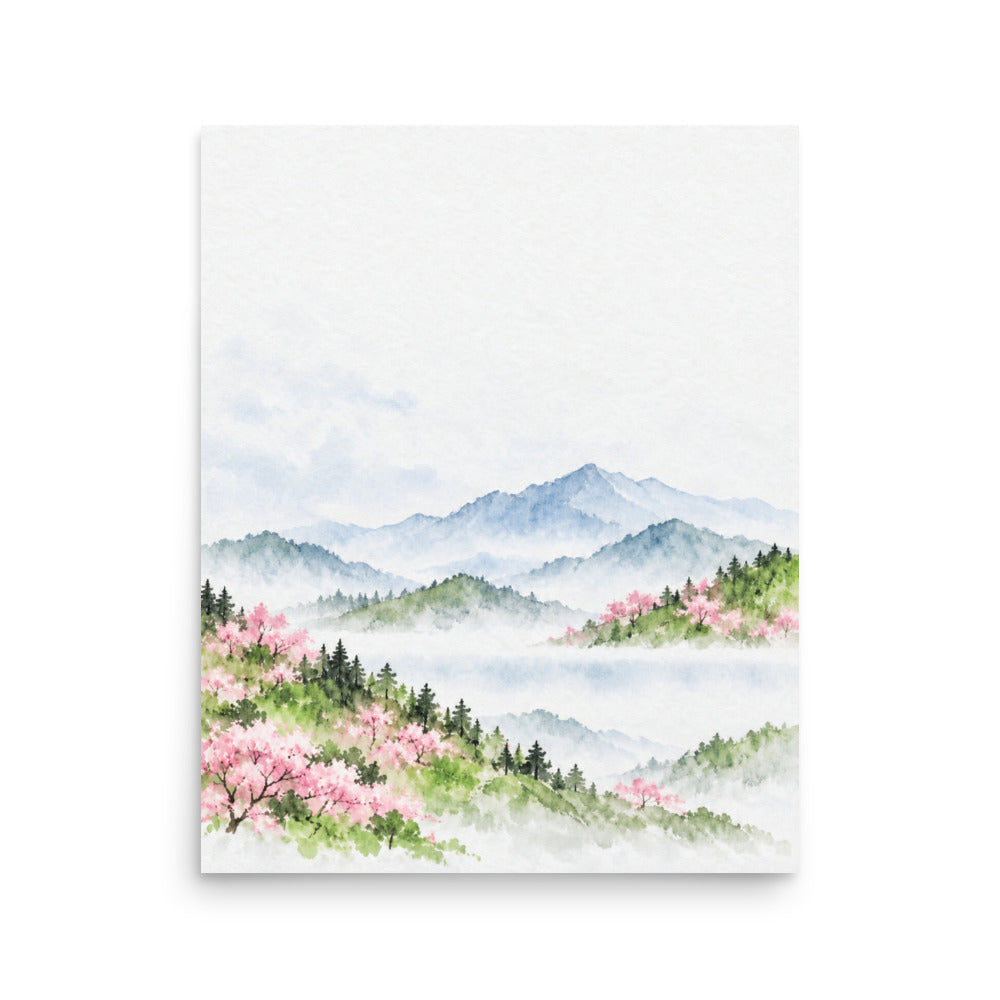 Spring Hills in Bloom — Japanese minimalist zen nature poster wall art