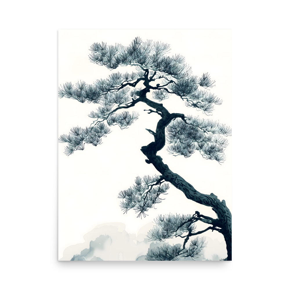 Pine Silhouette — Japandi zen nature poster, minimalist Japanese wall art print