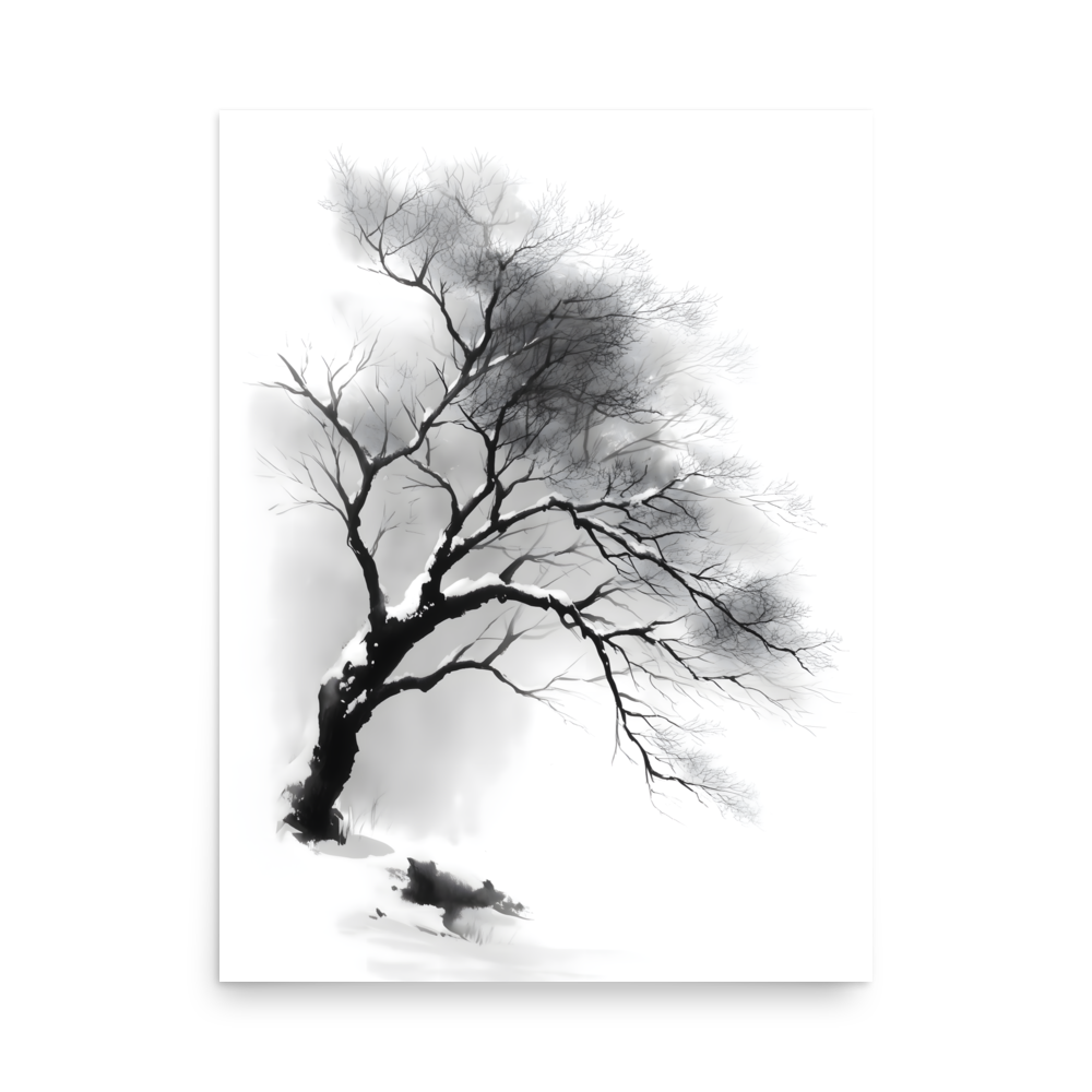 Winter Branch — Japandi zen ink poster, minimalist Japanese wall art print