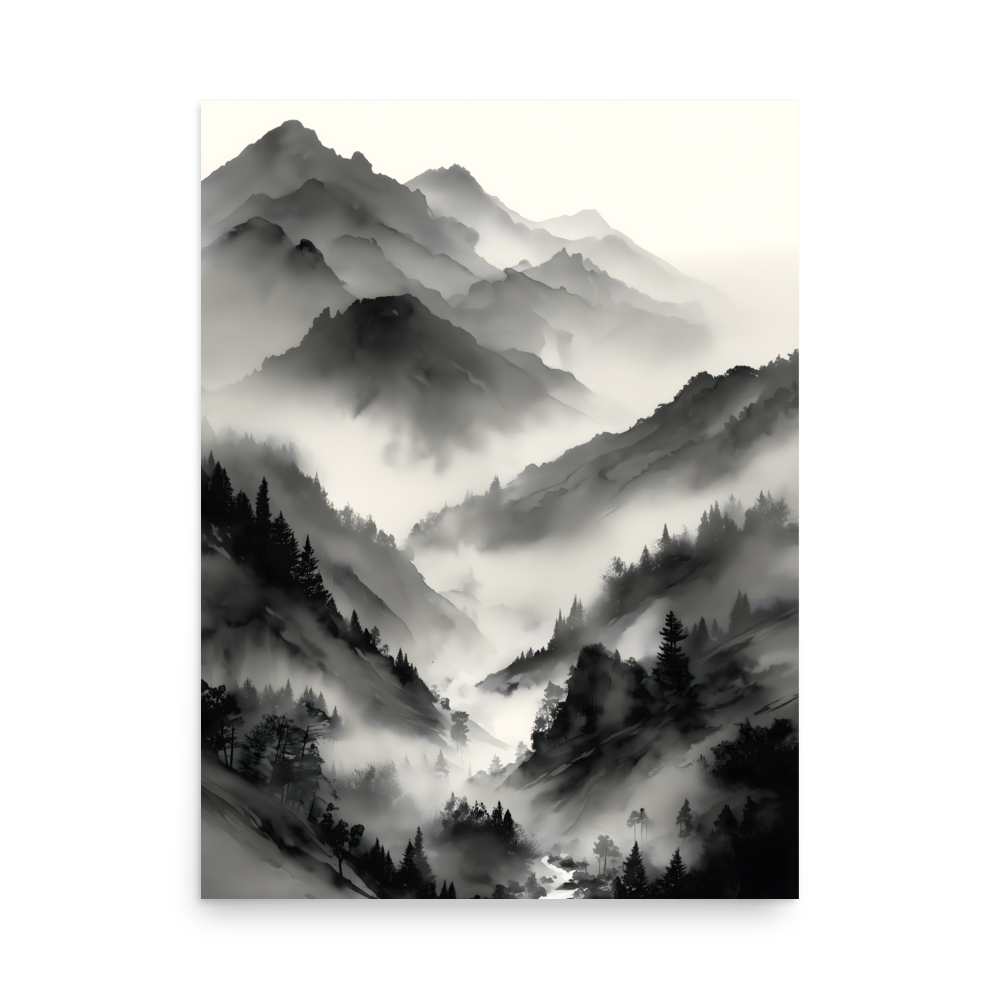 Mist Valley — Japandi zen ink poster, minimalist Japanese wall art print