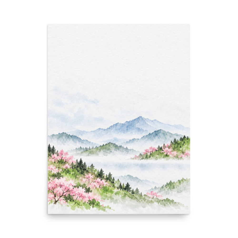 Spring Hills in Bloom — Japanese minimalist zen nature poster wall art