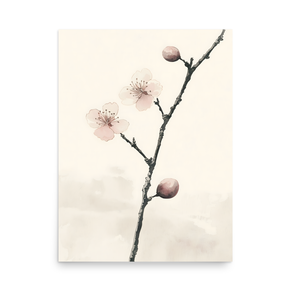 Early Plum — Japandi plum blossom poster, minimalist Japanese wall art print