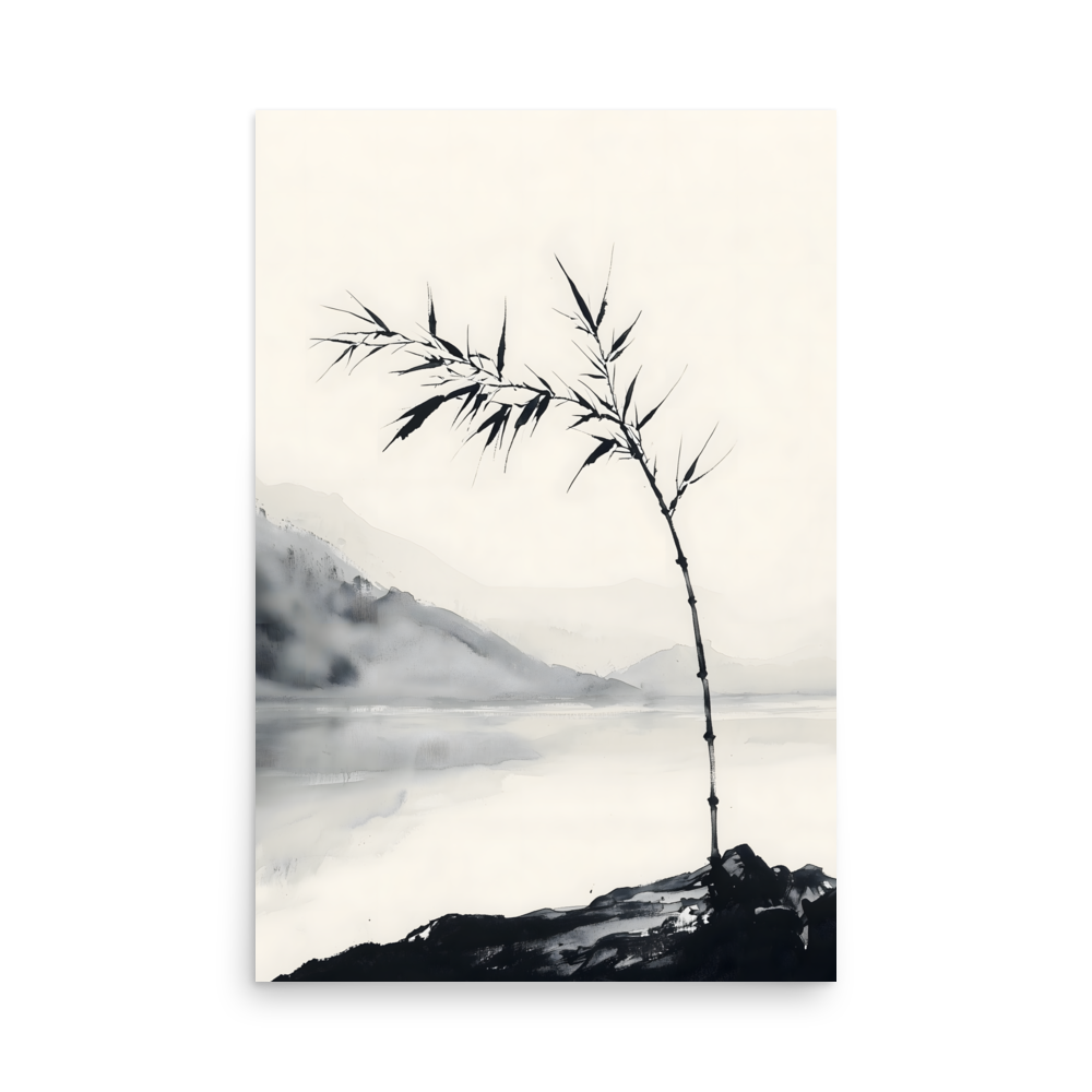 Bamboo in Wind — Japandi zen ink poster, minimalist Japanese wall art print