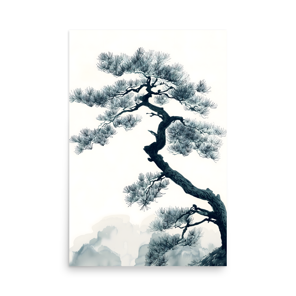Pine Silhouette — Japandi zen nature poster, minimalist Japanese wall art print