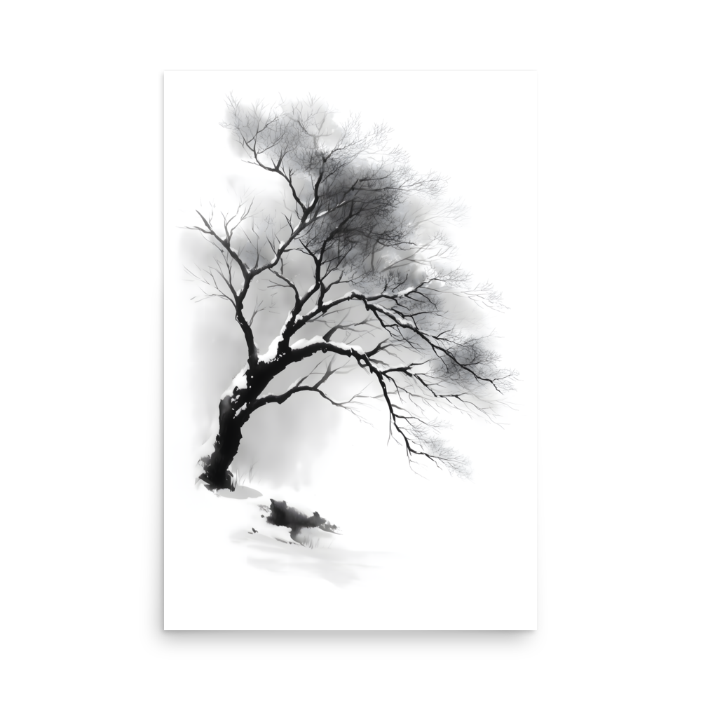Winter Branch — Japandi zen ink poster, minimalist Japanese wall art print