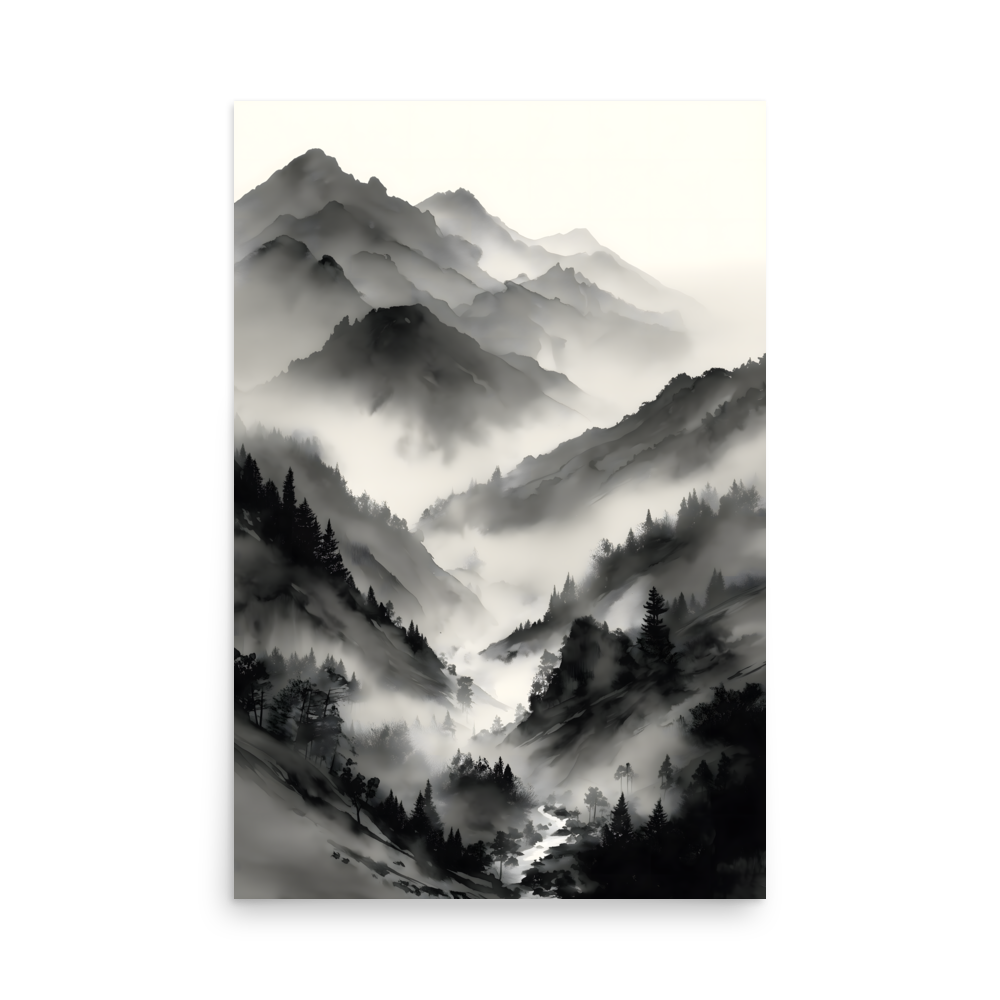 Mist Valley — Japandi zen ink poster, minimalist Japanese wall art print