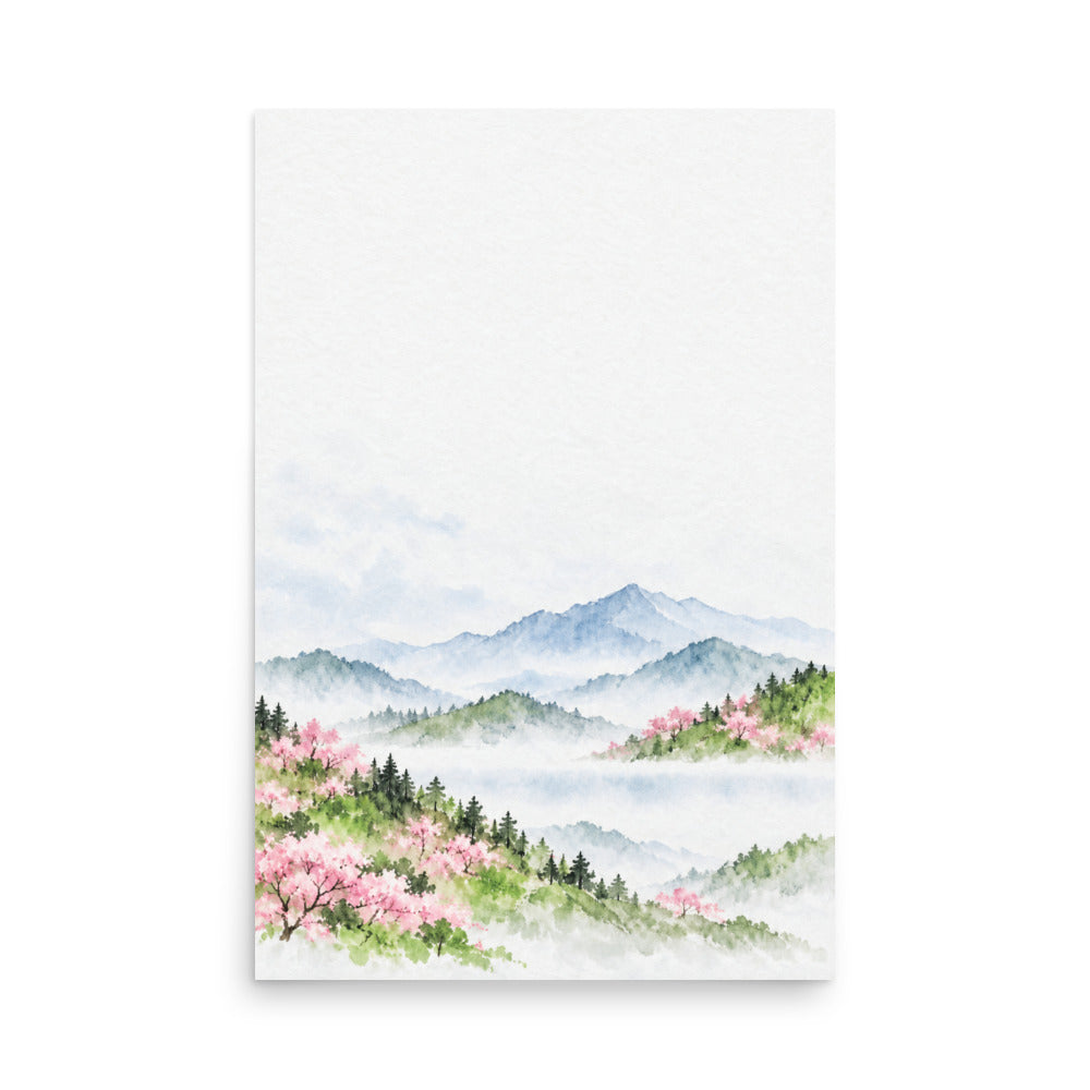 Spring Hills in Bloom — Japanese minimalist zen nature poster wall art