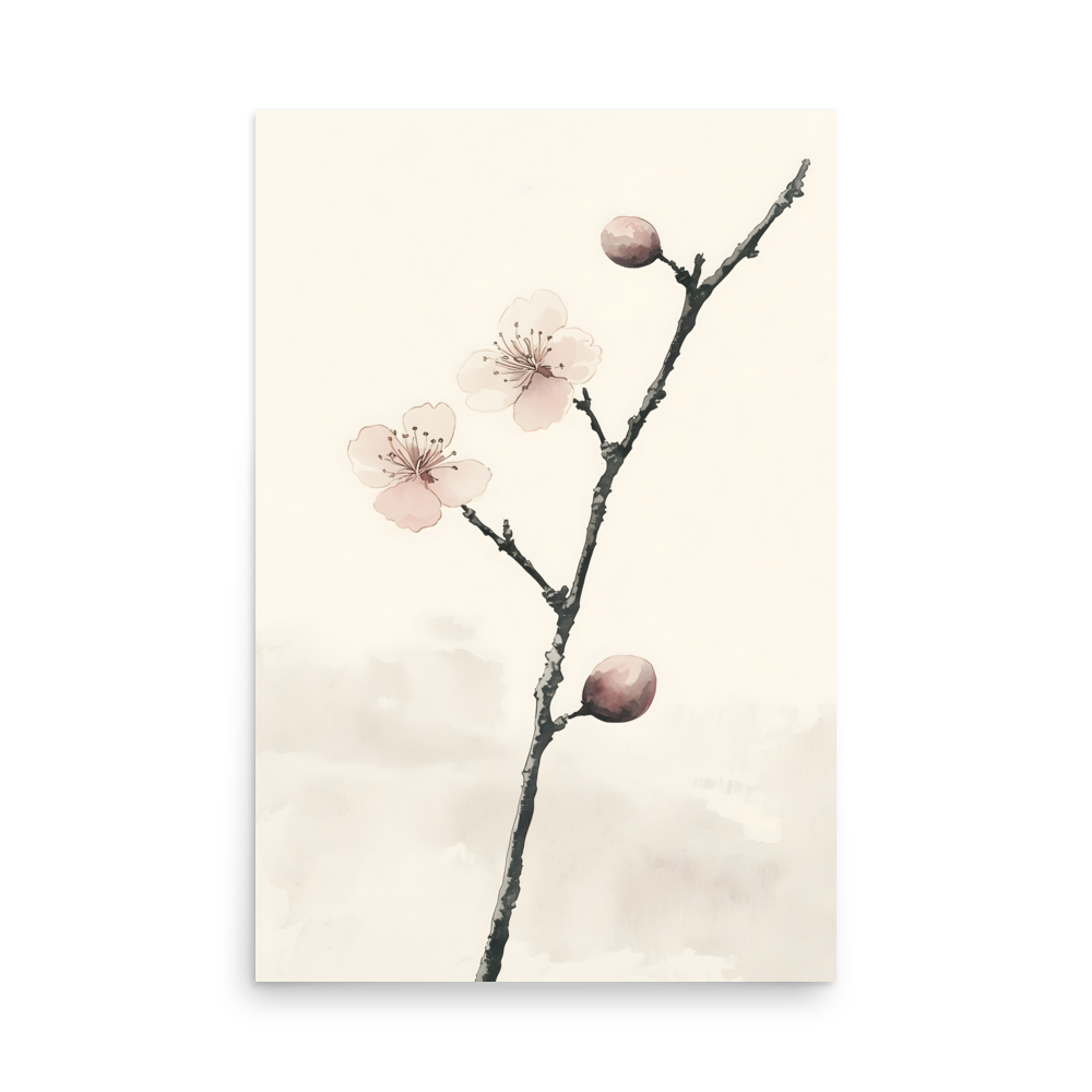 Early Plum — Japandi plum blossom poster, minimalist Japanese wall art print