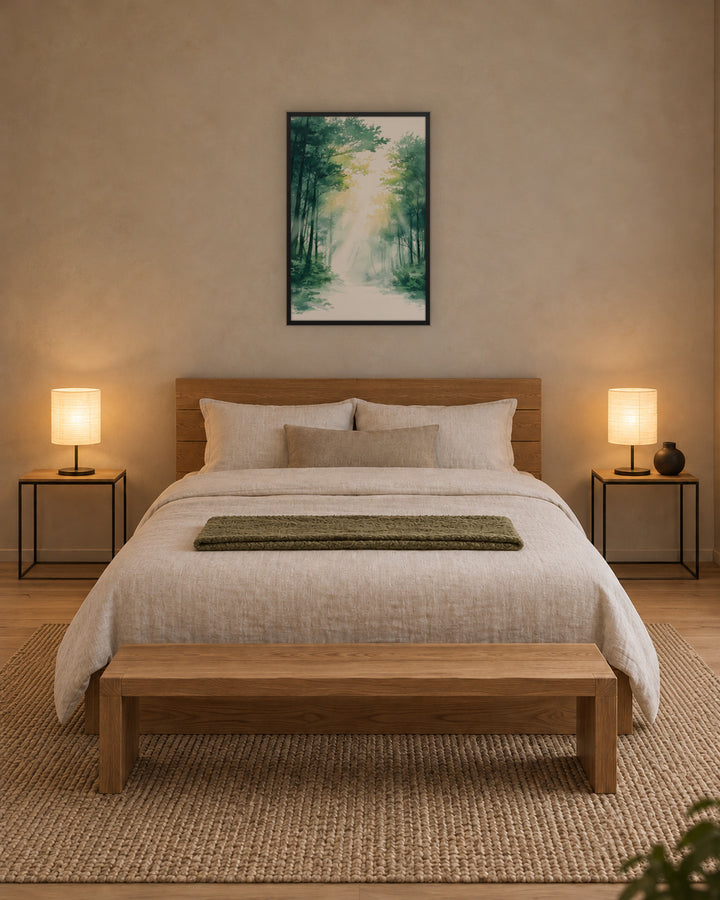 Forest Filter in a Japandi bedroom, 24 × 36 in · Black frame