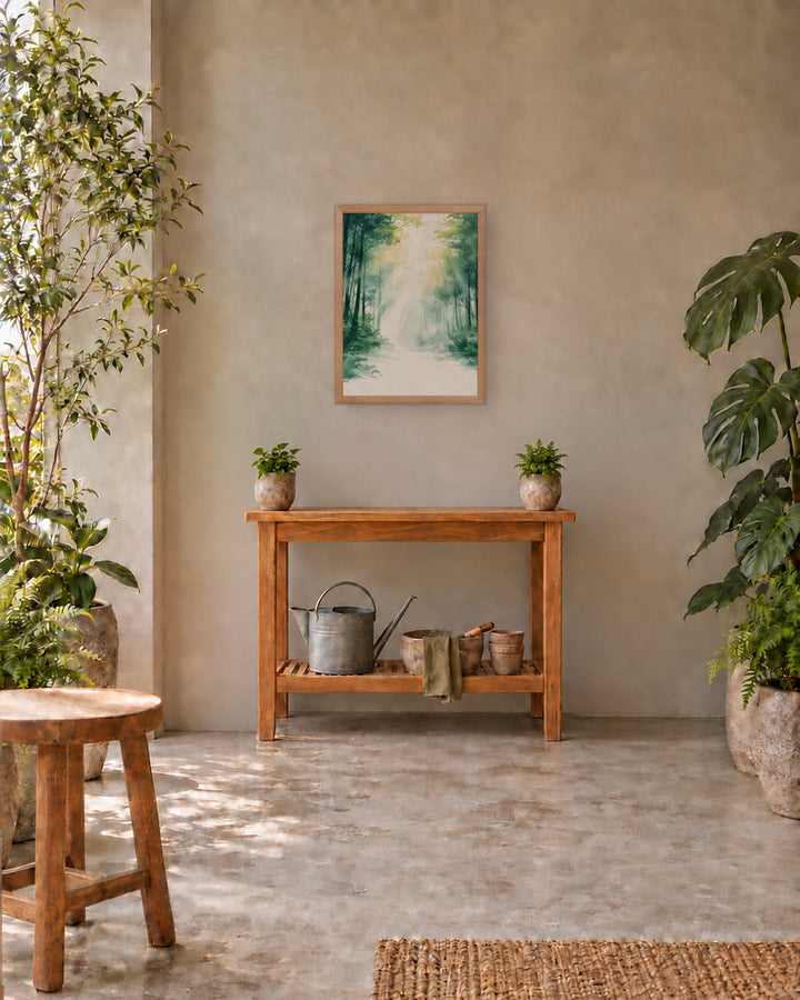 Forest Filter in a Japandi plant corner, 18 × 24 in · Natural frame