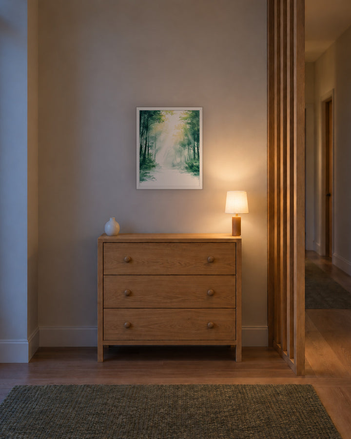 Forest Filter in a Japandi hallway, 16 × 20 in · White frame