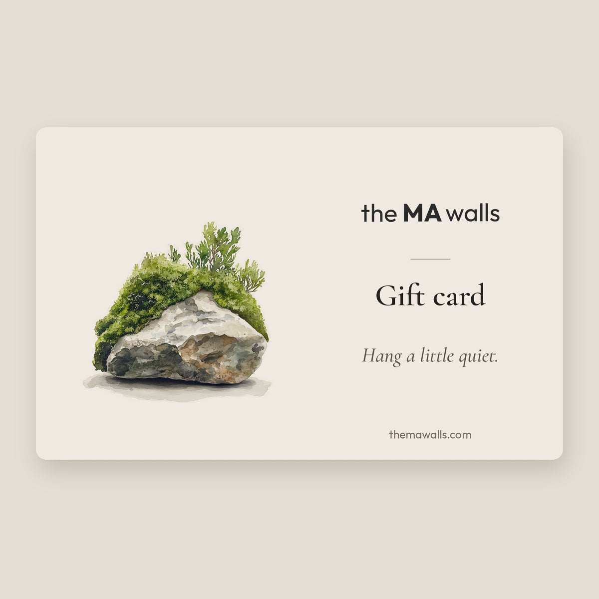the MA walls gift card with a watercolor of moss on a stone