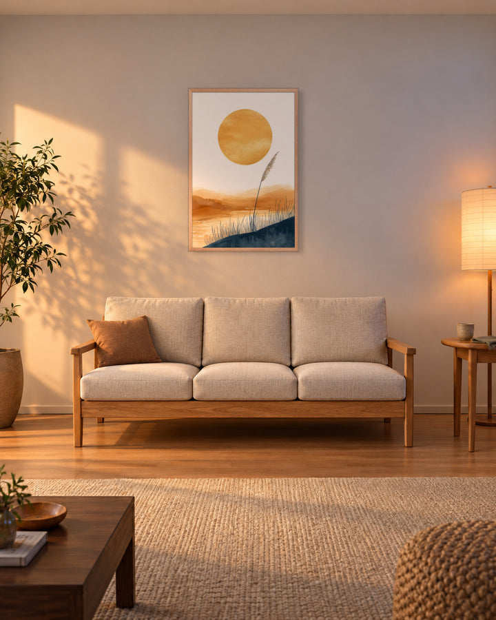 Golden Hour in a Japandi living room, 24 × 36 in · Natural frame