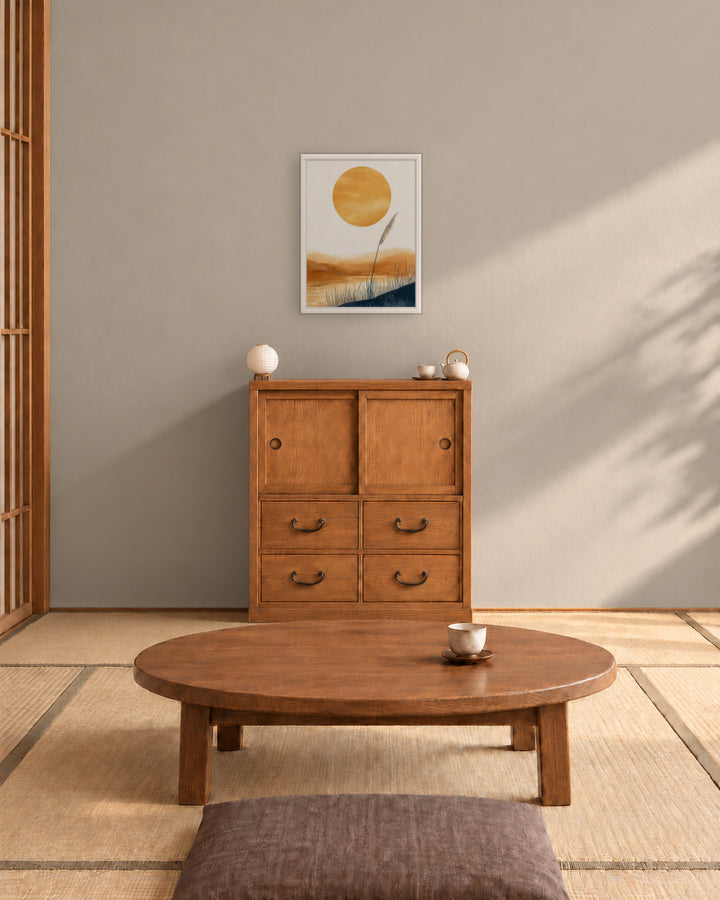 Golden Hour in a Japandi tea room, 18 × 24 in · White frame