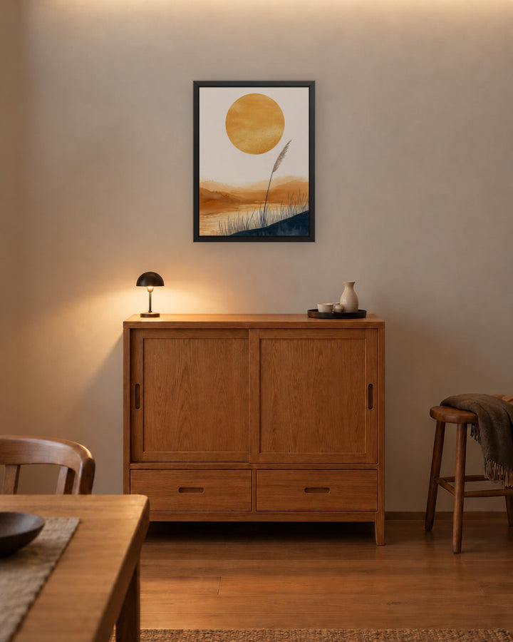Golden Hour in a Japandi dining room, 18 × 24 in · Black frame