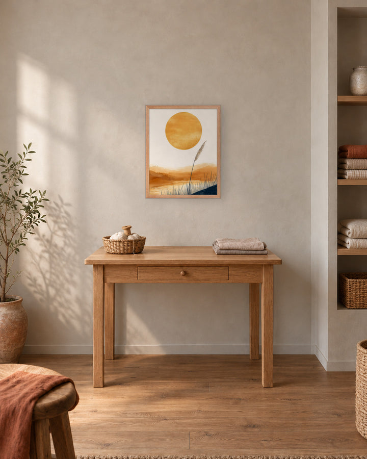 Golden Hour in a Japandi craft corner, 16 × 20 in · Natural frame