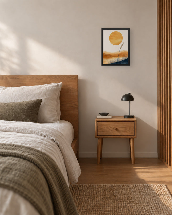 Golden Hour in a Japandi bedroom, 12 × 16 in · Black frame