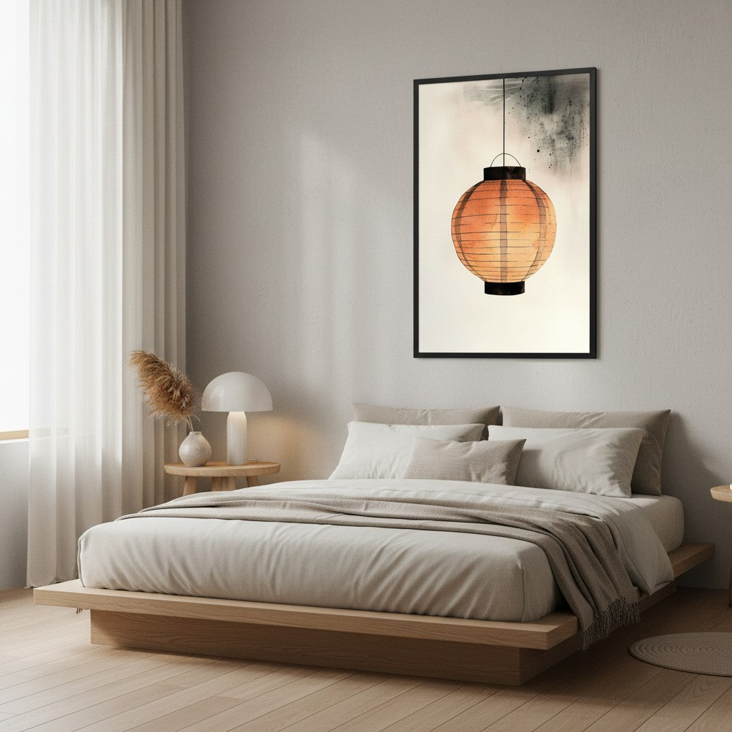 Paper Lantern — Japandi wabi-sabi wall art in a bedroom setting