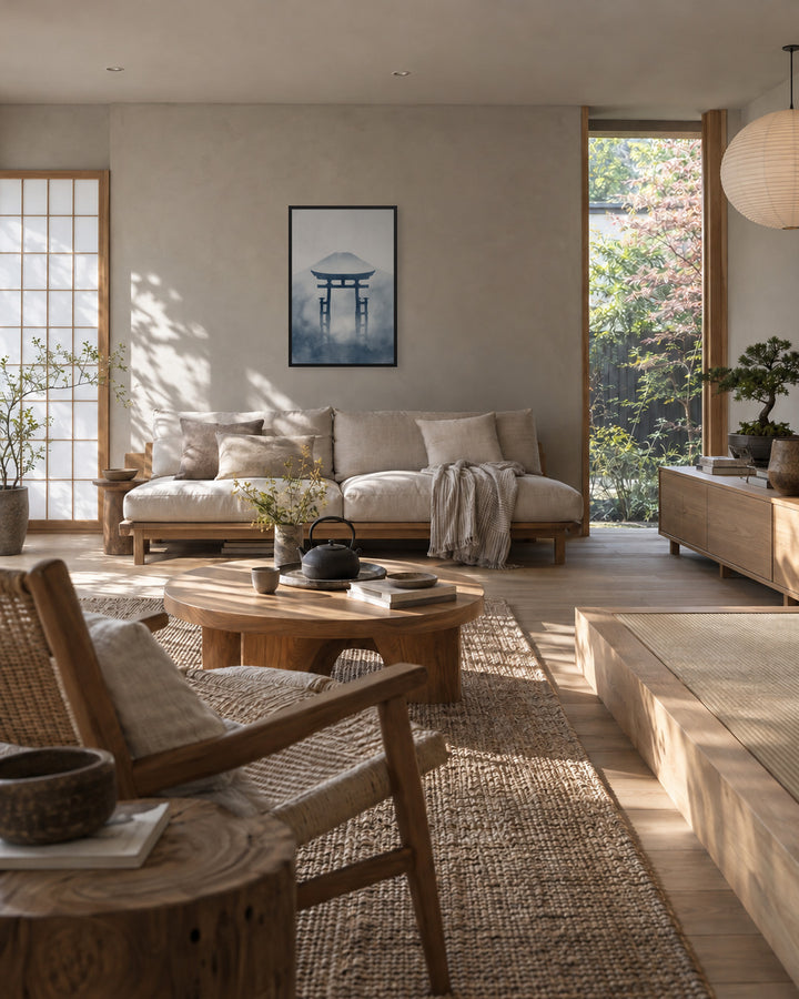 Indigo Pilgrimage in a Japandi living room, 24 × 36 in · Black frame