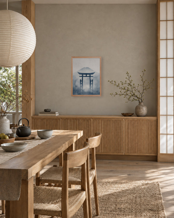 Indigo Pilgrimage in a Japandi dining room, 18 × 24 in · Natural frame