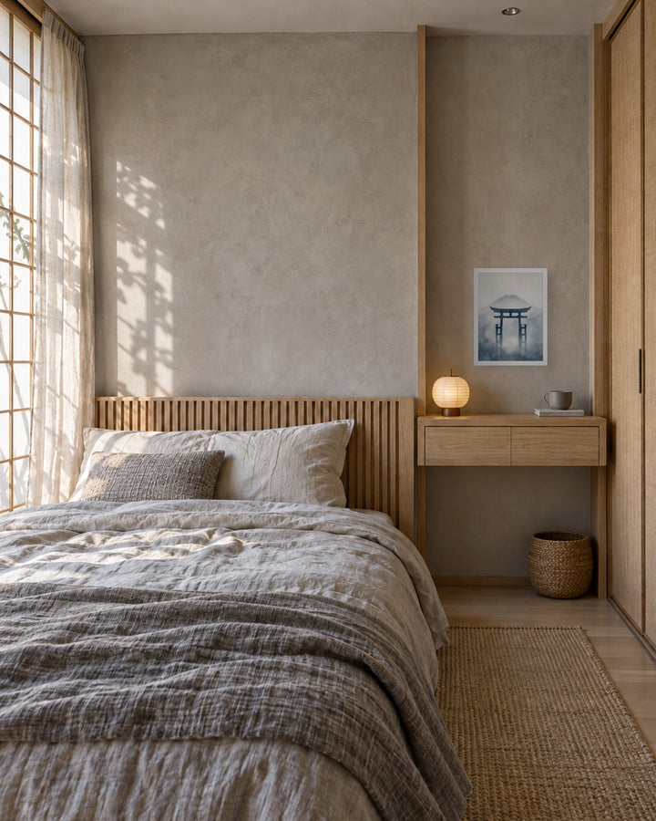 Indigo Pilgrimage in a Japandi bedroom, 12 × 16 in · White frame
