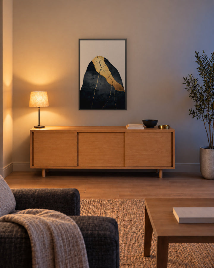 Kintsugi Lines in a Japandi living room, 24 × 36 in · Black frame
