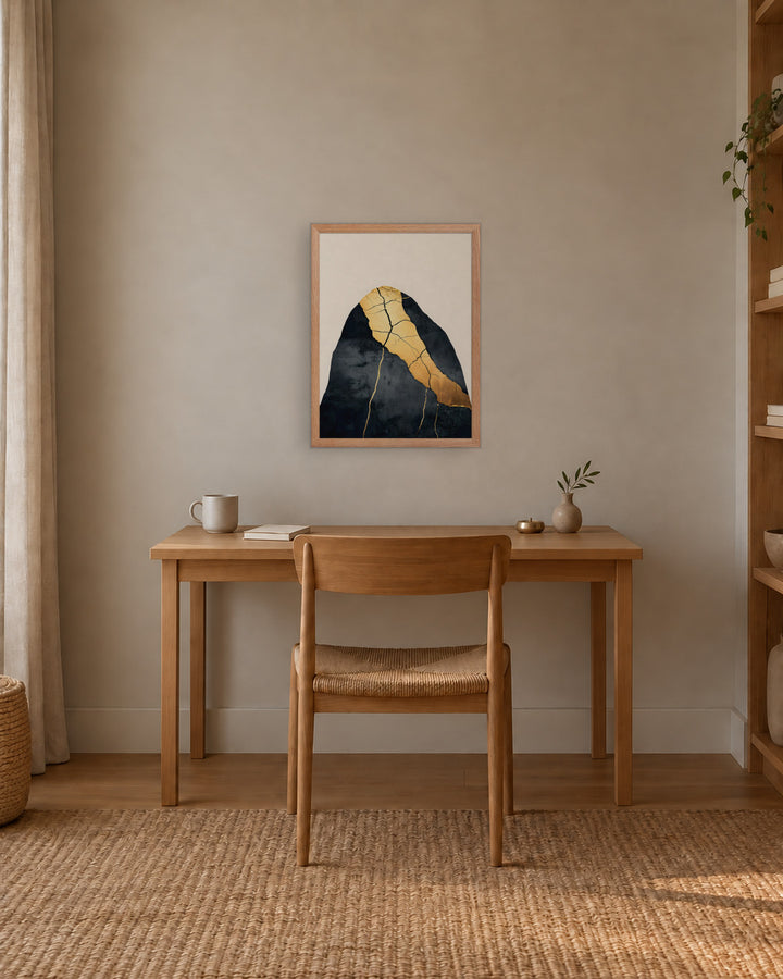 Kintsugi Lines in a Japandi home office, 18 × 24 in · Natural frame