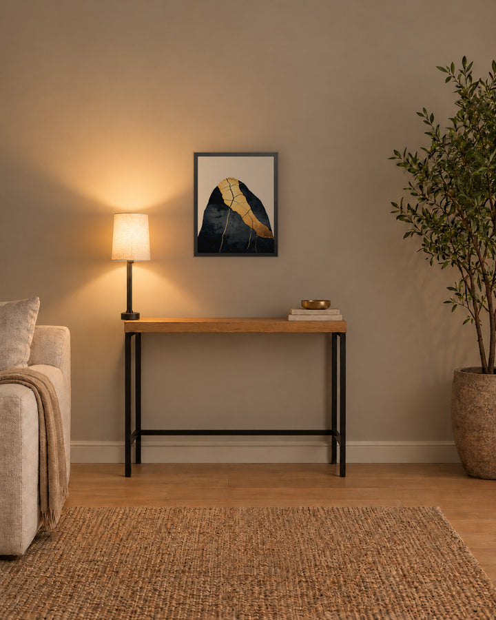 Kintsugi Lines in a Japandi console, 16 × 20 in · Black frame