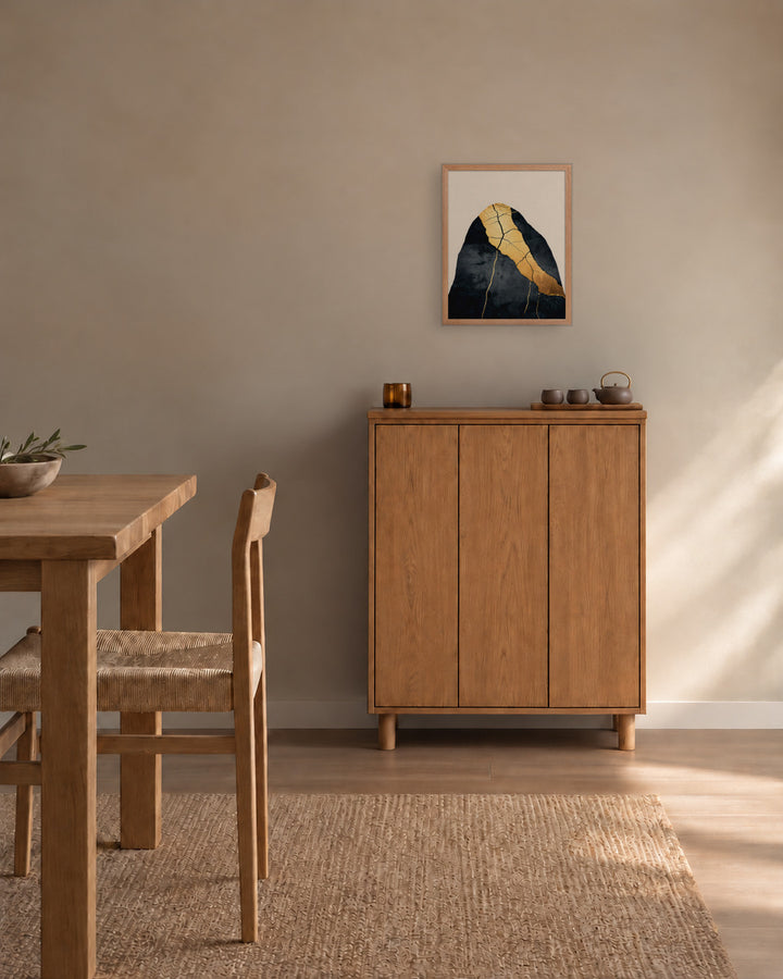 Kintsugi Lines in a Japandi dining room, 16 × 20 in · Natural frame
