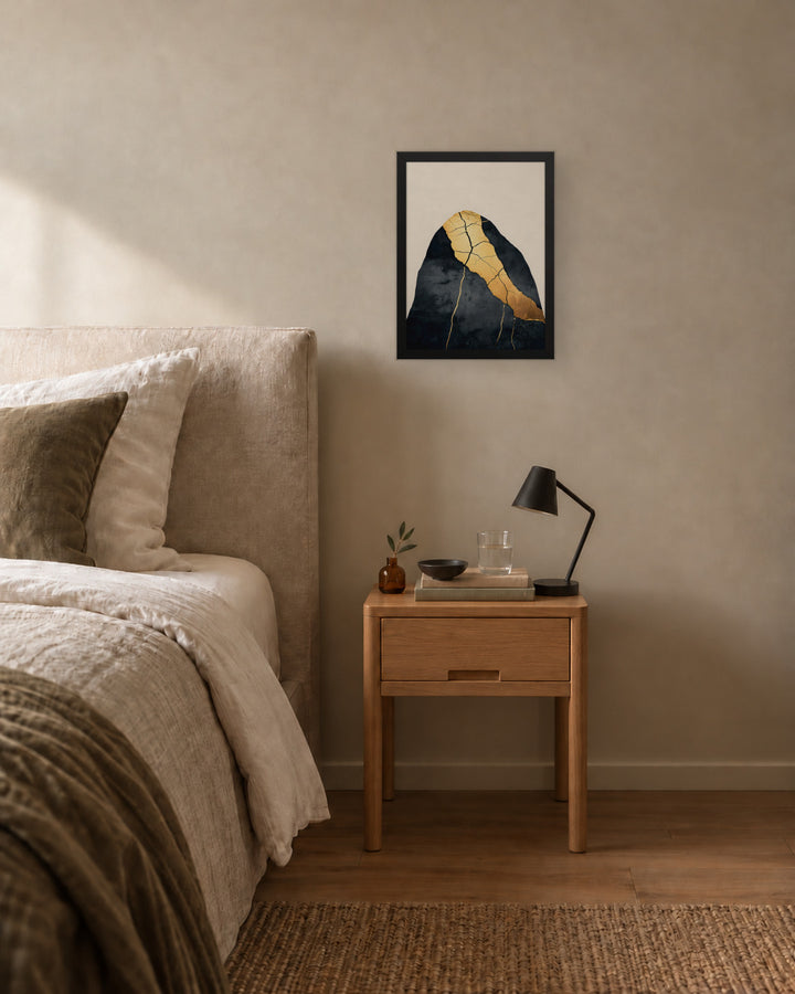 Kintsugi Lines in a Japandi bedroom, 12 × 16 in · Black frame