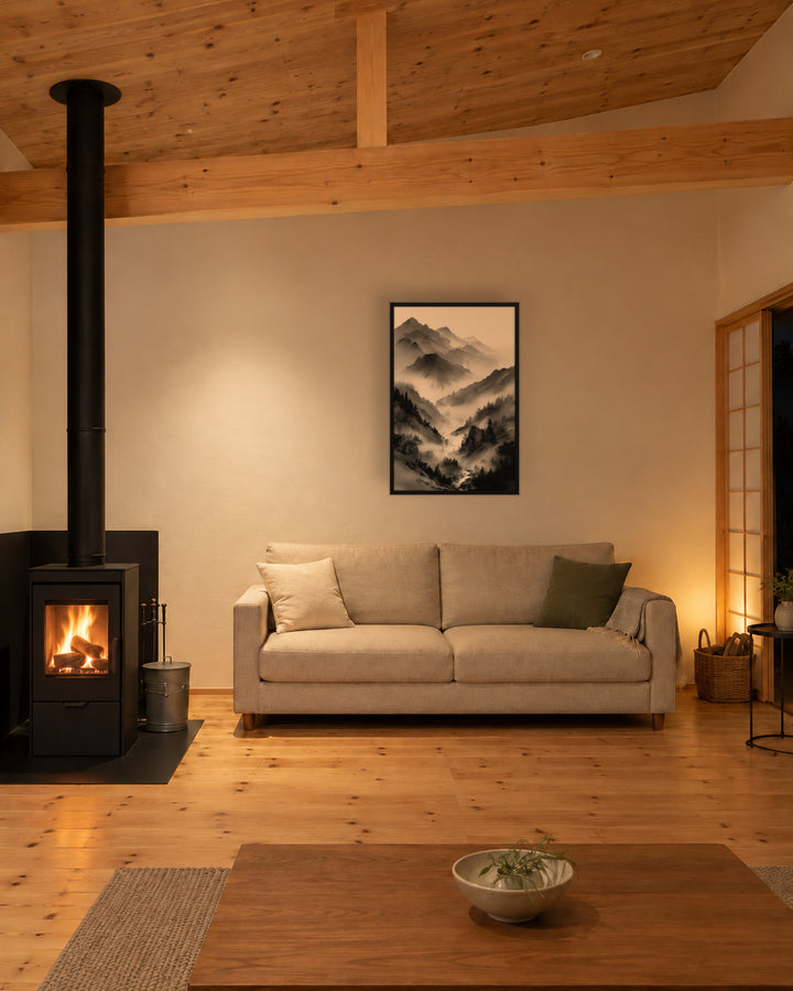Mist Valley in a Japandi living room, 24 × 36 in · Black frame